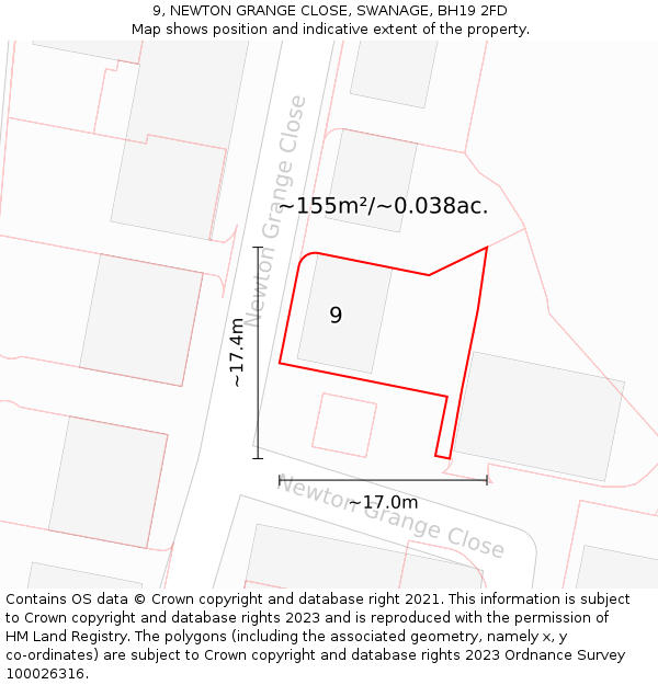 9, NEWTON GRANGE CLOSE, SWANAGE, BH19 2FD: Plot and title map