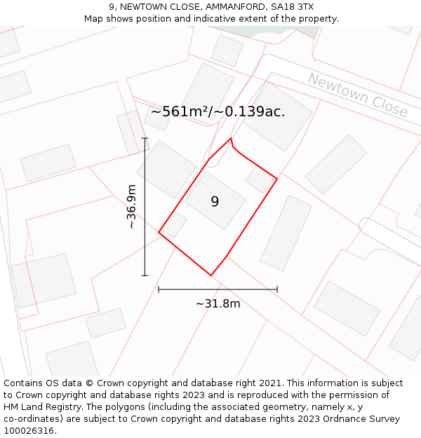 9, NEWTOWN CLOSE, AMMANFORD, SA18 3TX: Plot and title map