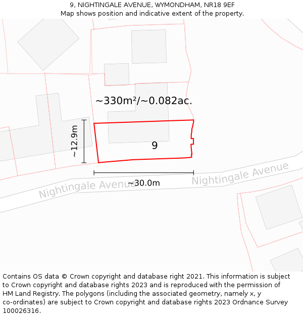 9, NIGHTINGALE AVENUE, WYMONDHAM, NR18 9EF: Plot and title map