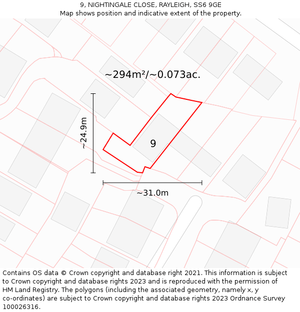 9, NIGHTINGALE CLOSE, RAYLEIGH, SS6 9GE: Plot and title map