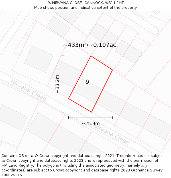 9, NIRVANA CLOSE, CANNOCK, WS11 1HT: Plot and title map