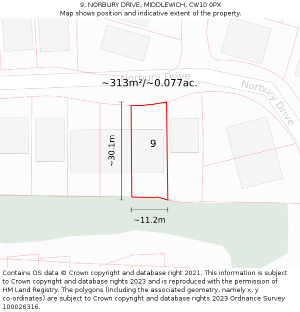 9, NORBURY DRIVE, MIDDLEWICH, CW10 0PX: Plot and title map