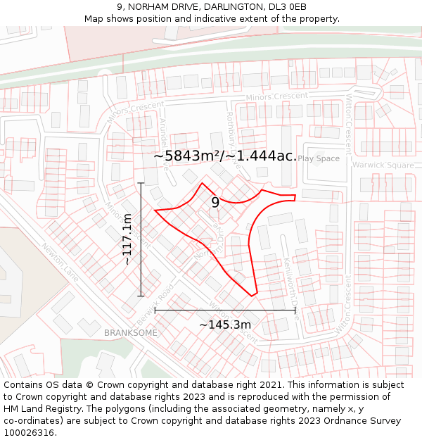 9, NORHAM DRIVE, DARLINGTON, DL3 0EB: Plot and title map