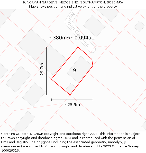 9, NORMAN GARDENS, HEDGE END, SOUTHAMPTON, SO30 4AW: Plot and title map