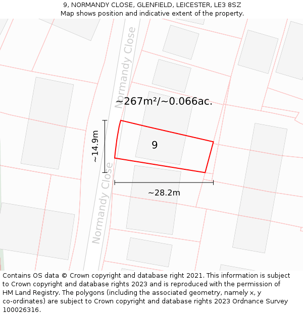 9, NORMANDY CLOSE, GLENFIELD, LEICESTER, LE3 8SZ: Plot and title map