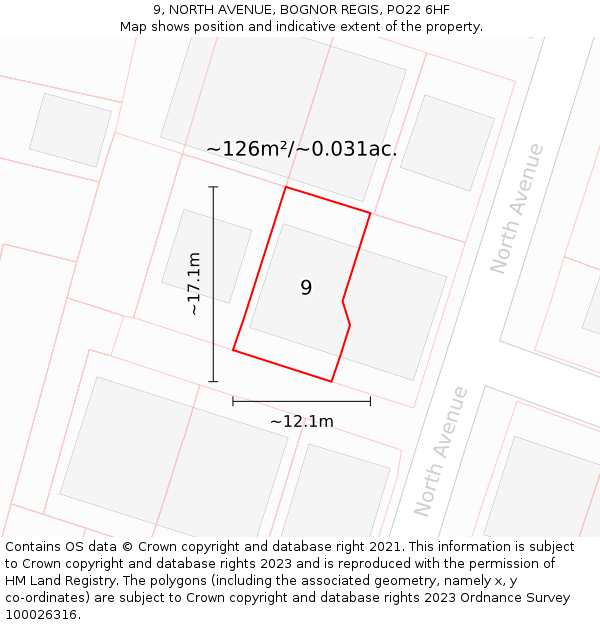 9, NORTH AVENUE, BOGNOR REGIS, PO22 6HF: Plot and title map