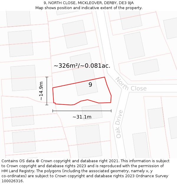 9, NORTH CLOSE, MICKLEOVER, DERBY, DE3 9JA: Plot and title map