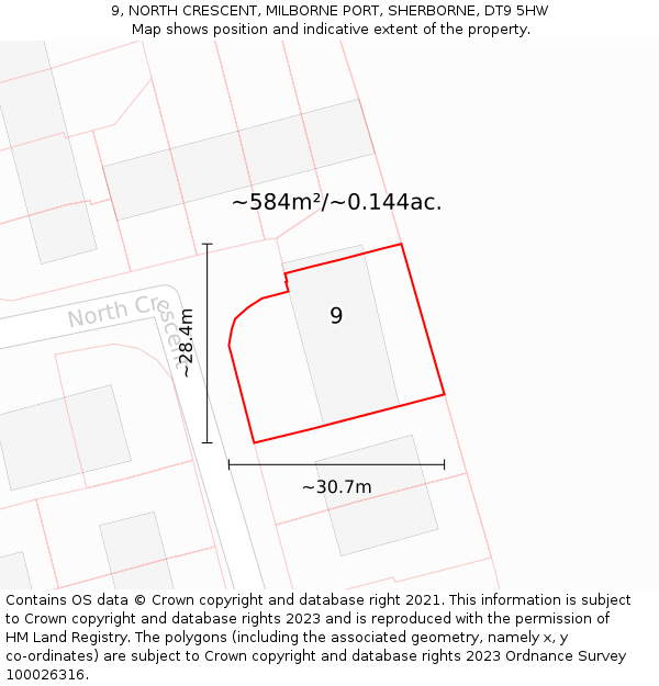 9, NORTH CRESCENT, MILBORNE PORT, SHERBORNE, DT9 5HW: Plot and title map