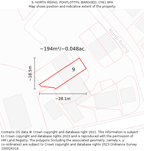 9, NORTH RISING, PONTLOTTYN, BARGOED, CF81 9PA: Plot and title map