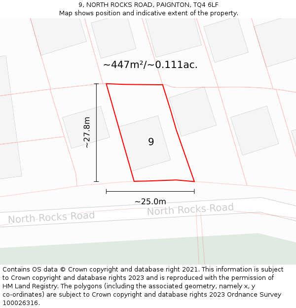 9, NORTH ROCKS ROAD, PAIGNTON, TQ4 6LF: Plot and title map