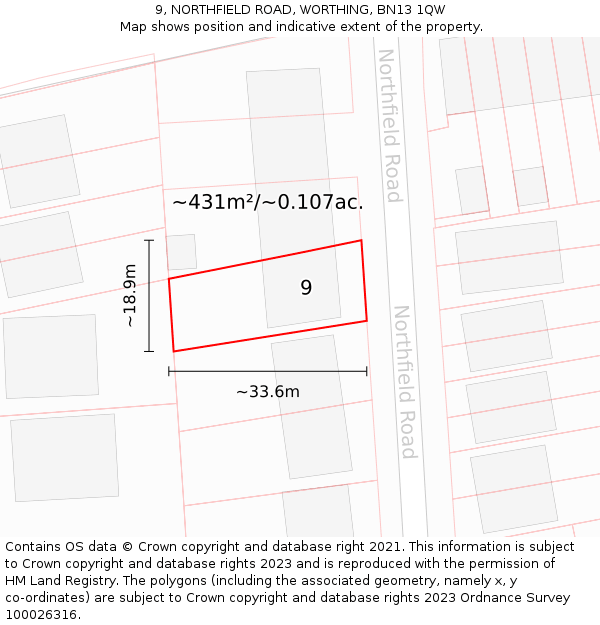 9, NORTHFIELD ROAD, WORTHING, BN13 1QW: Plot and title map