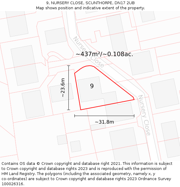 9, NURSERY CLOSE, SCUNTHORPE, DN17 2UB: Plot and title map