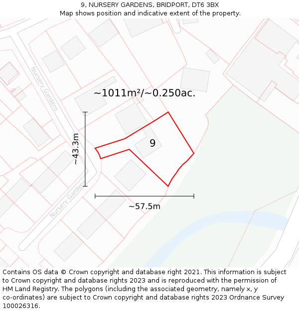 9, NURSERY GARDENS, BRIDPORT, DT6 3BX: Plot and title map