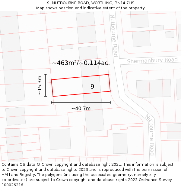 9, NUTBOURNE ROAD, WORTHING, BN14 7HS: Plot and title map