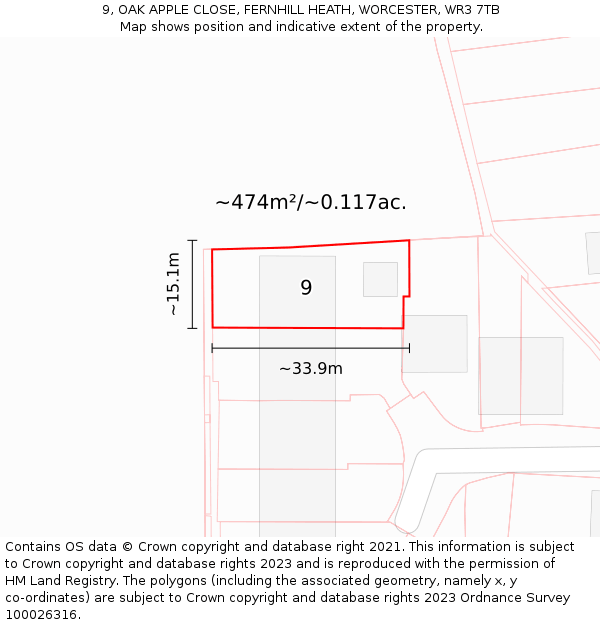 9, OAK APPLE CLOSE, FERNHILL HEATH, WORCESTER, WR3 7TB: Plot and title map