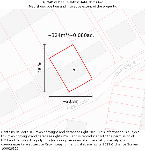 9, OAK CLOSE, BIRMINGHAM, B17 9AW: Plot and title map