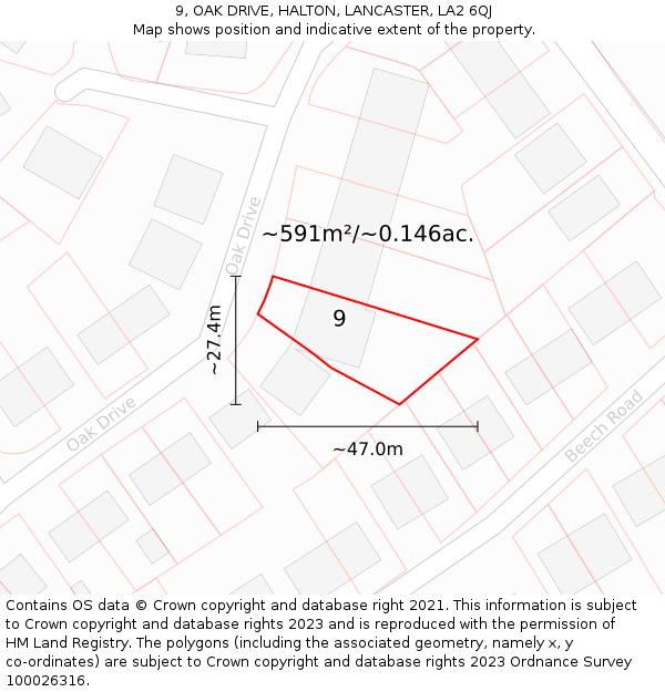9, OAK DRIVE, HALTON, LANCASTER, LA2 6QJ: Plot and title map