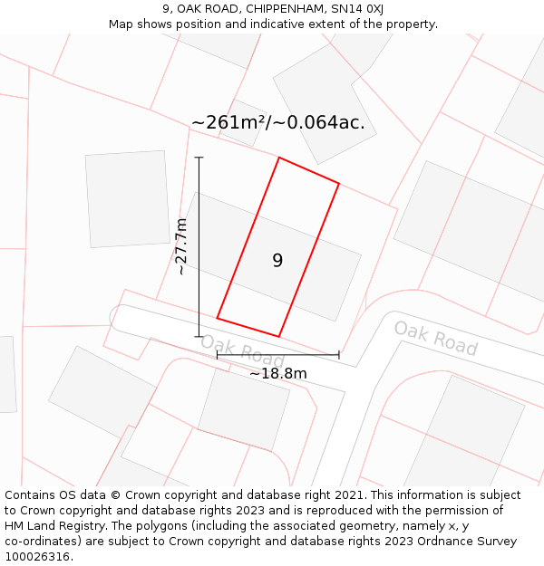 9, OAK ROAD, CHIPPENHAM, SN14 0XJ: Plot and title map