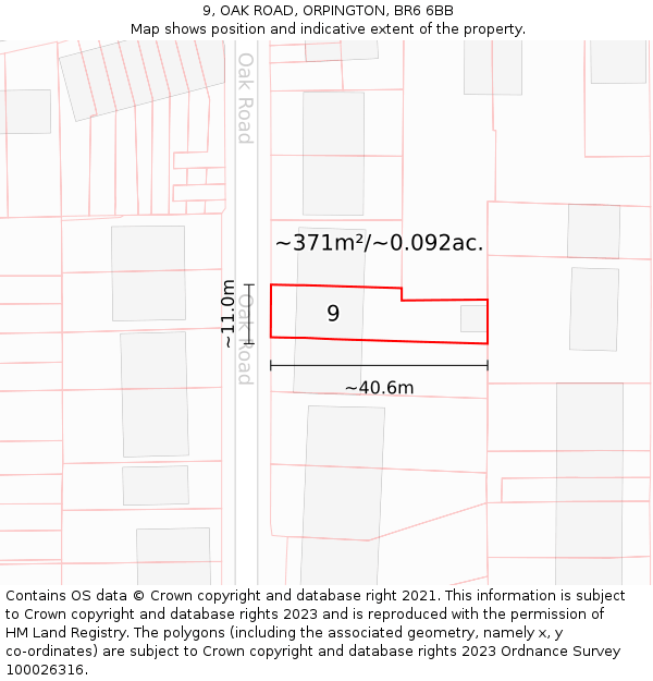 9, OAK ROAD, ORPINGTON, BR6 6BB: Plot and title map
