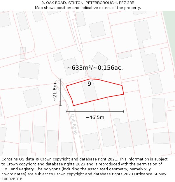 9, OAK ROAD, STILTON, PETERBOROUGH, PE7 3RB: Plot and title map