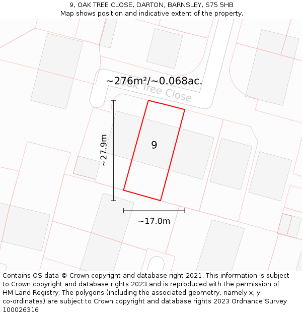 9, OAK TREE CLOSE, DARTON, BARNSLEY, S75 5HB: Plot and title map