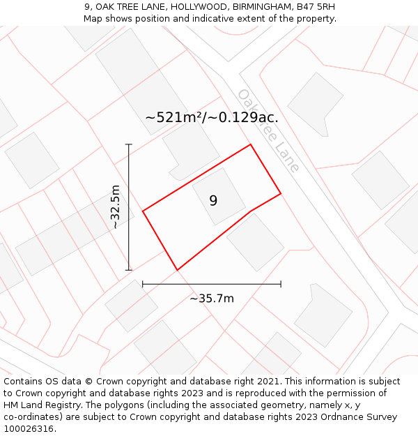 9, OAK TREE LANE, HOLLYWOOD, BIRMINGHAM, B47 5RH: Plot and title map