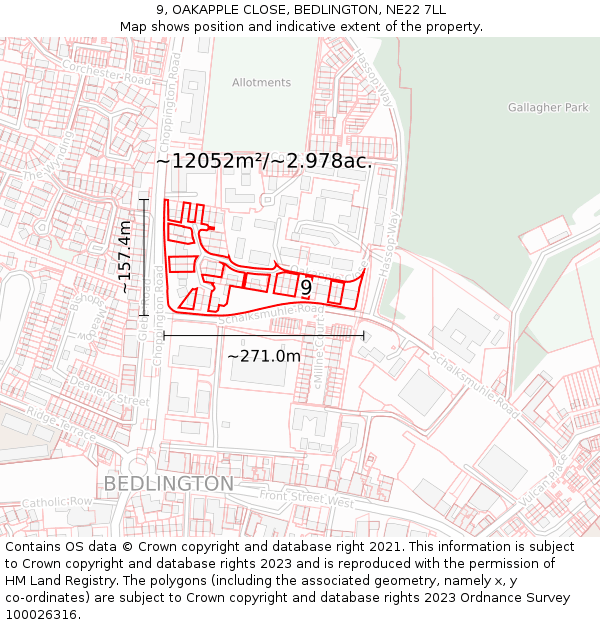 9, OAKAPPLE CLOSE, BEDLINGTON, NE22 7LL: Plot and title map