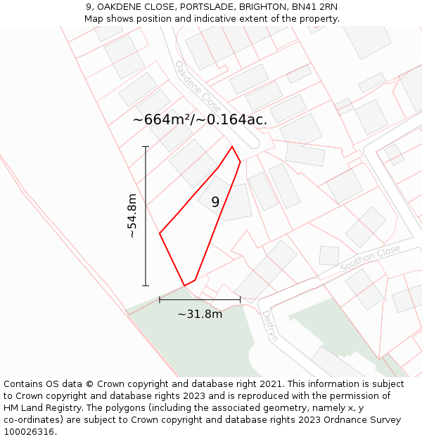 9, OAKDENE CLOSE, PORTSLADE, BRIGHTON, BN41 2RN: Plot and title map
