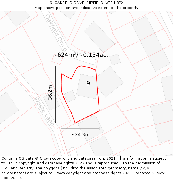 9, OAKFIELD DRIVE, MIRFIELD, WF14 8PX: Plot and title map