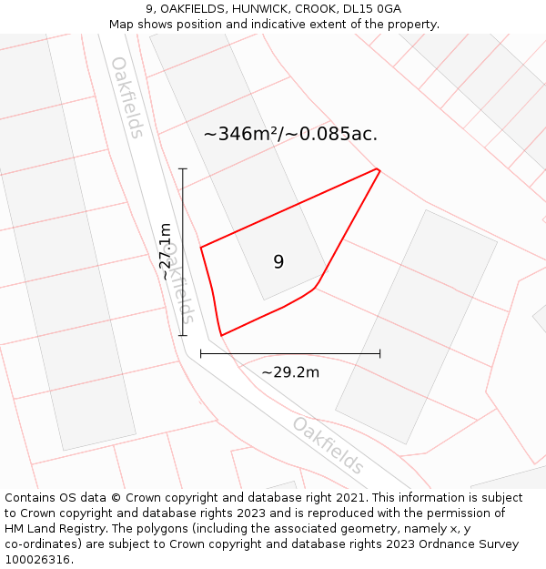 9, OAKFIELDS, HUNWICK, CROOK, DL15 0GA: Plot and title map