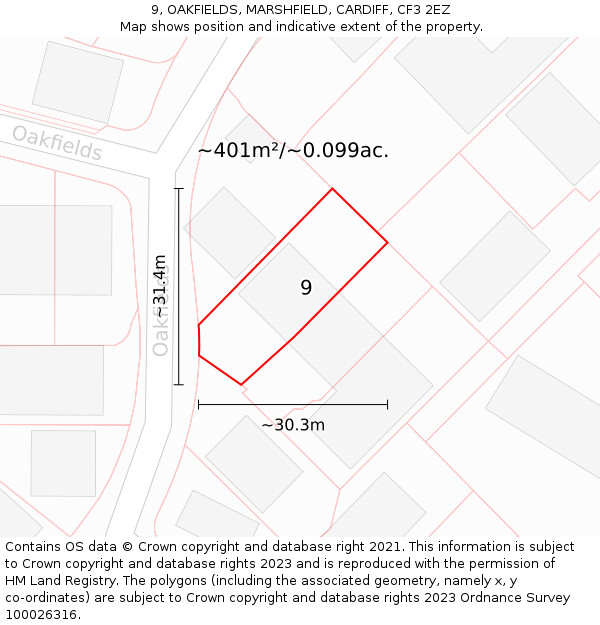 9, OAKFIELDS, MARSHFIELD, CARDIFF, CF3 2EZ: Plot and title map
