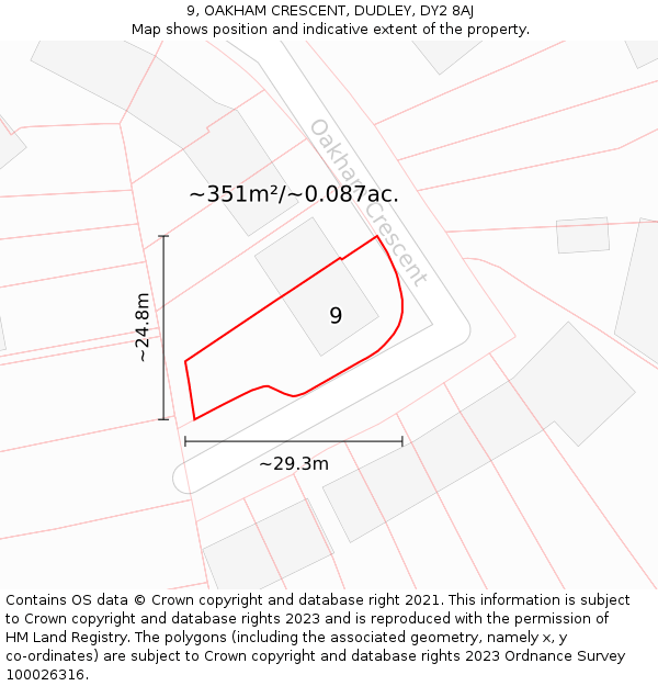 9, OAKHAM CRESCENT, DUDLEY, DY2 8AJ: Plot and title map