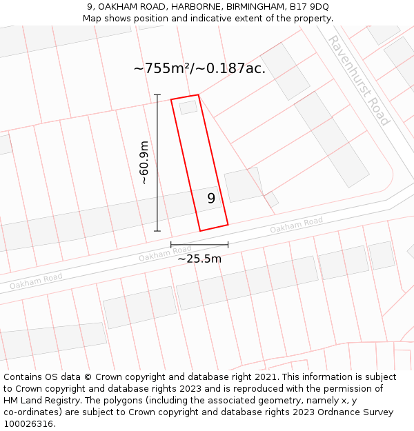 9, OAKHAM ROAD, HARBORNE, BIRMINGHAM, B17 9DQ: Plot and title map
