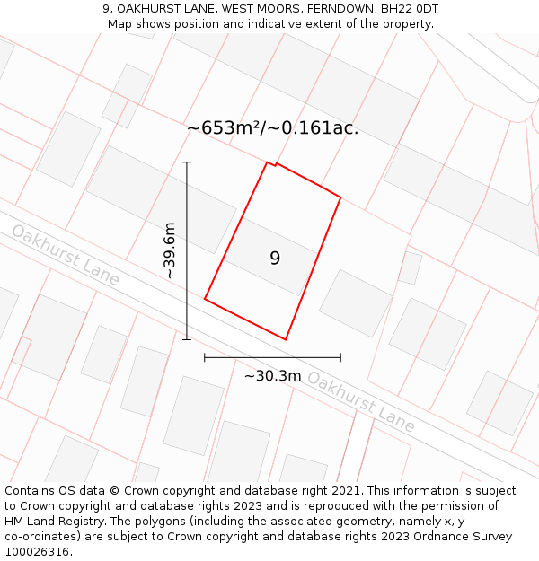 9, OAKHURST LANE, WEST MOORS, FERNDOWN, BH22 0DT: Plot and title map