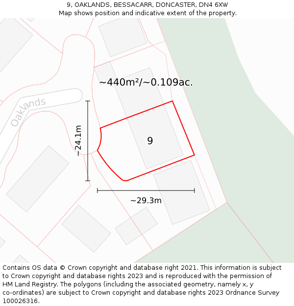 9, OAKLANDS, BESSACARR, DONCASTER, DN4 6XW: Plot and title map