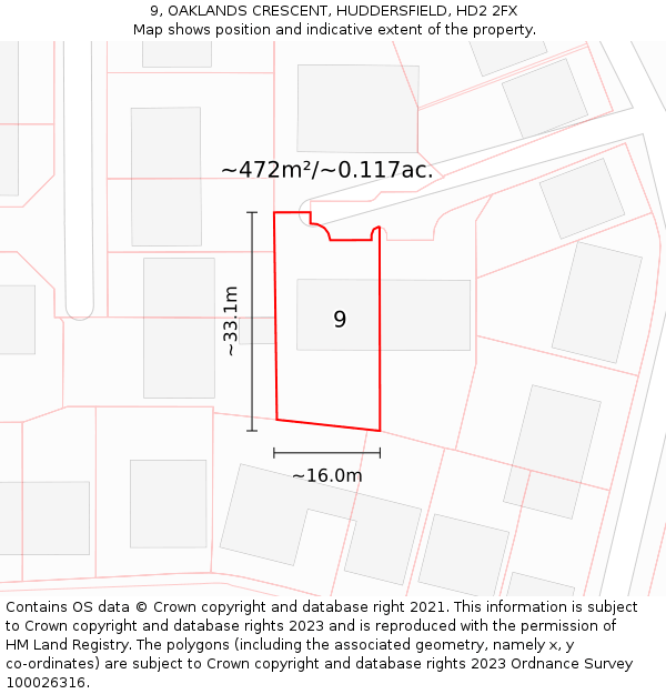 9, OAKLANDS CRESCENT, HUDDERSFIELD, HD2 2FX: Plot and title map