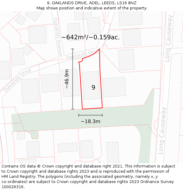 9, OAKLANDS DRIVE, ADEL, LEEDS, LS16 8NZ: Plot and title map