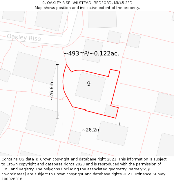 9, OAKLEY RISE, WILSTEAD, BEDFORD, MK45 3FD: Plot and title map