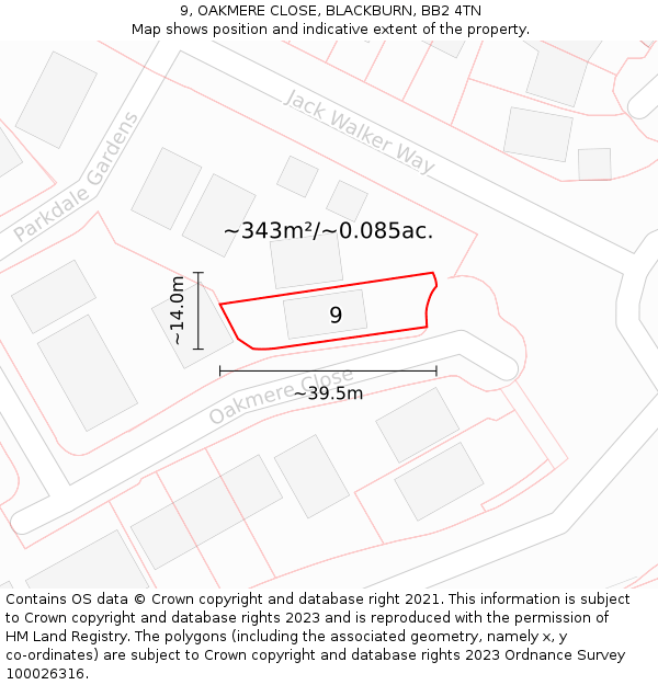 9, OAKMERE CLOSE, BLACKBURN, BB2 4TN: Plot and title map