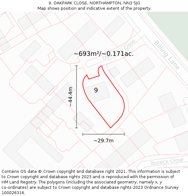 9, OAKPARK CLOSE, NORTHAMPTON, NN3 5JG: Plot and title map