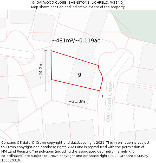 9, OAKWOOD CLOSE, SHENSTONE, LICHFIELD, WS14 0JJ: Plot and title map
