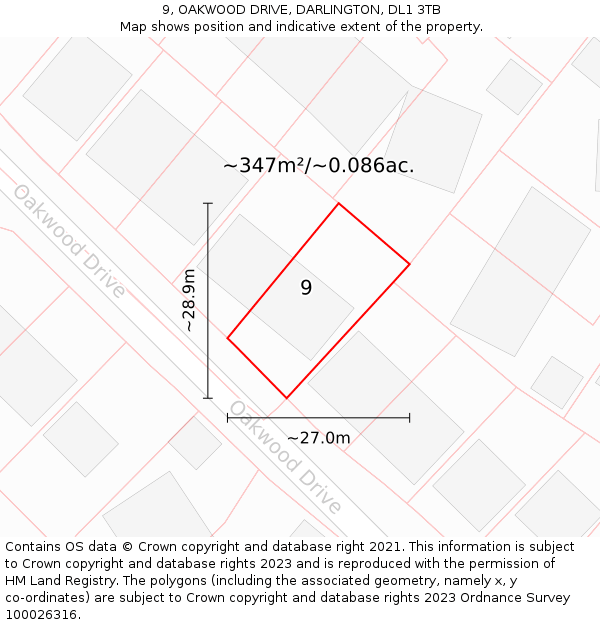 9, OAKWOOD DRIVE, DARLINGTON, DL1 3TB: Plot and title map
