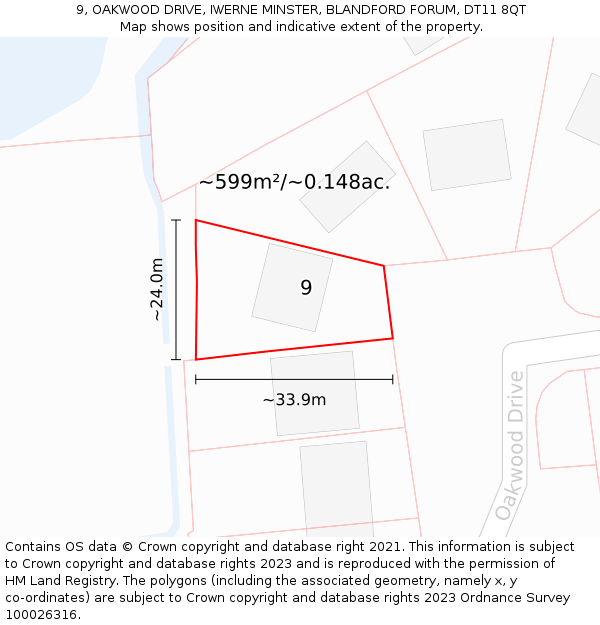 9, OAKWOOD DRIVE, IWERNE MINSTER, BLANDFORD FORUM, DT11 8QT: Plot and title map
