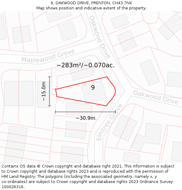 9, OAKWOOD DRIVE, PRENTON, CH43 7NX: Plot and title map