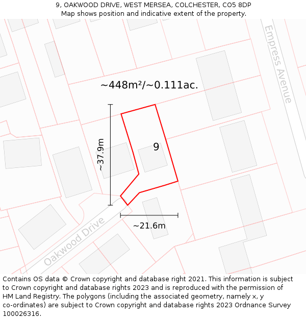 9, OAKWOOD DRIVE, WEST MERSEA, COLCHESTER, CO5 8DP: Plot and title map