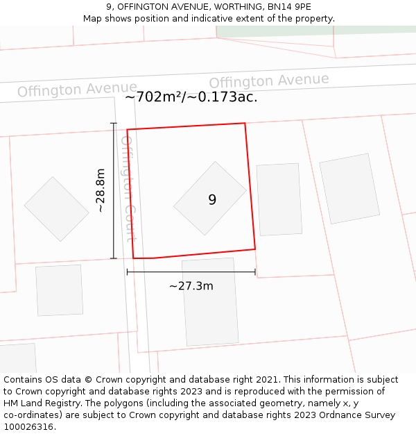 9, OFFINGTON AVENUE, WORTHING, BN14 9PE: Plot and title map
