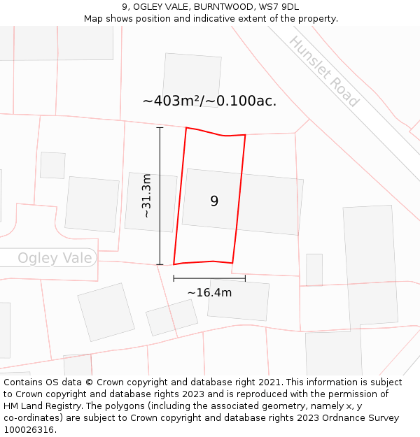 9, OGLEY VALE, BURNTWOOD, WS7 9DL: Plot and title map