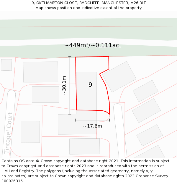 9, OKEHAMPTON CLOSE, RADCLIFFE, MANCHESTER, M26 3LT: Plot and title map