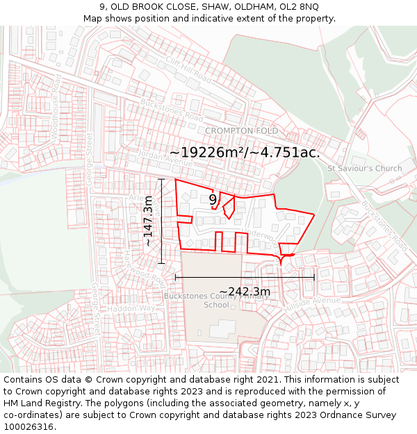 9, OLD BROOK CLOSE, SHAW, OLDHAM, OL2 8NQ: Plot and title map