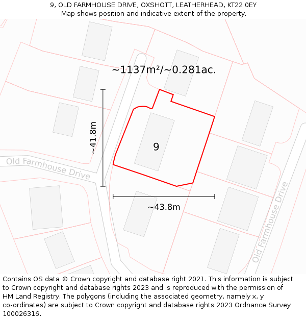 9, OLD FARMHOUSE DRIVE, OXSHOTT, LEATHERHEAD, KT22 0EY: Plot and title map